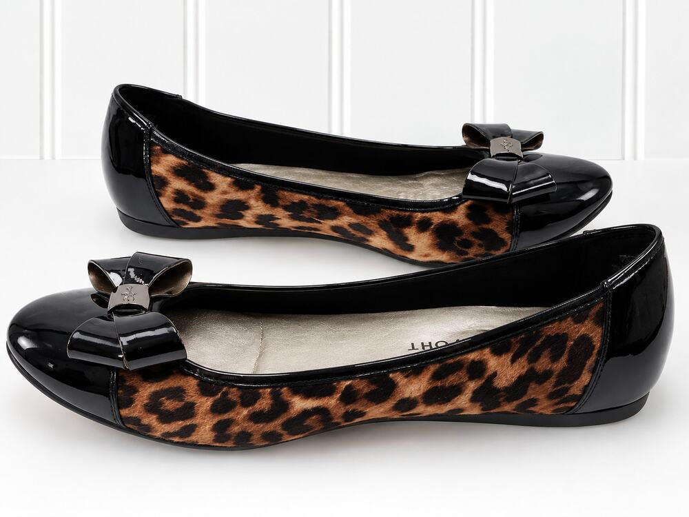 Anne Klein Sport AKALPHA Flats 10M Leopard Black Patent Bow Ballet Shoes